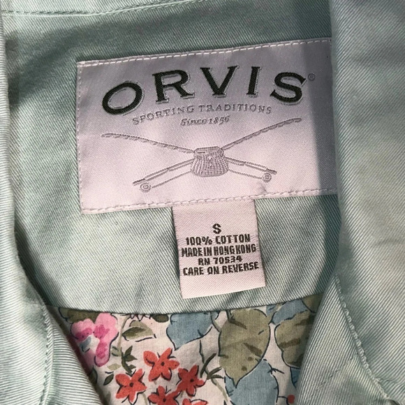 Orvis, S, vintage, pale green w/ floral lining logo button front collared jacket - Picture 6 of 8